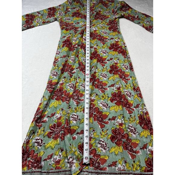 Paisley & Pomegranate Nila Rubia Hand-Block Floral Maxi Wrap Dress Teal LG - Picture 8 of 8
